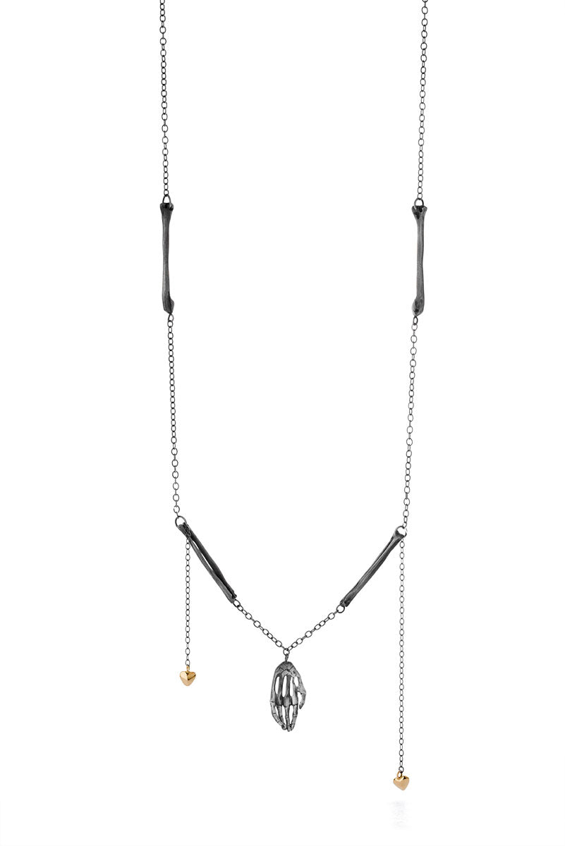 Milagros - necklace - silver hand with bronze bones and gold hearts