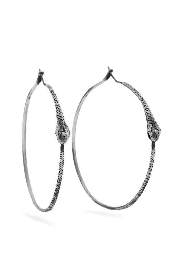 Ouroboros earrings - big hoops, silver snakes